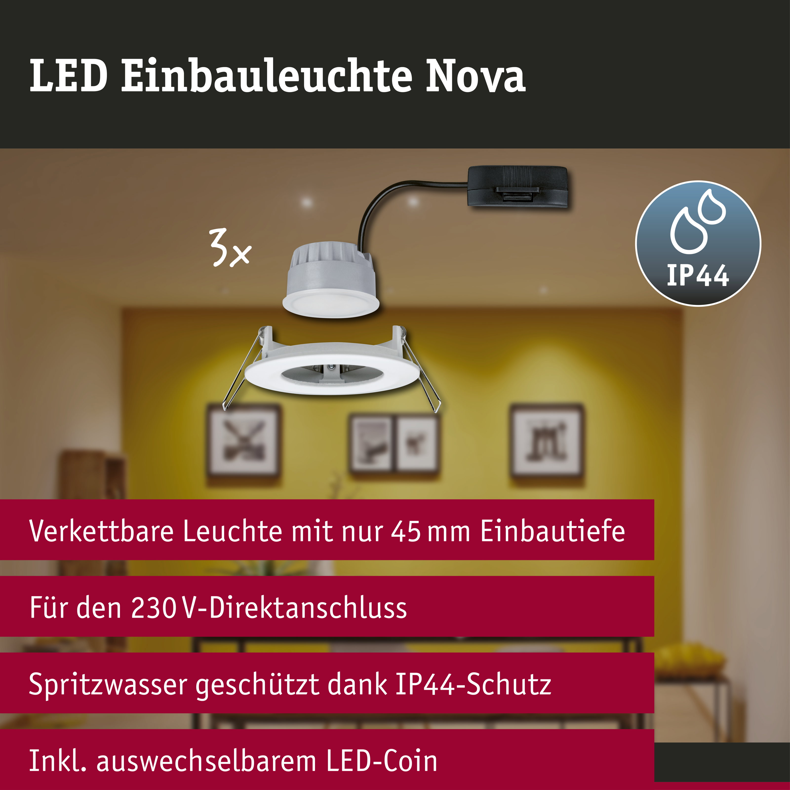 LED Einbauleuchte 3-Step-Dim Nova Coin Basisset starr IP44 rund 78mm Coin 3x6W 3x470lm 230V dimmbar 2700K Weiß matt