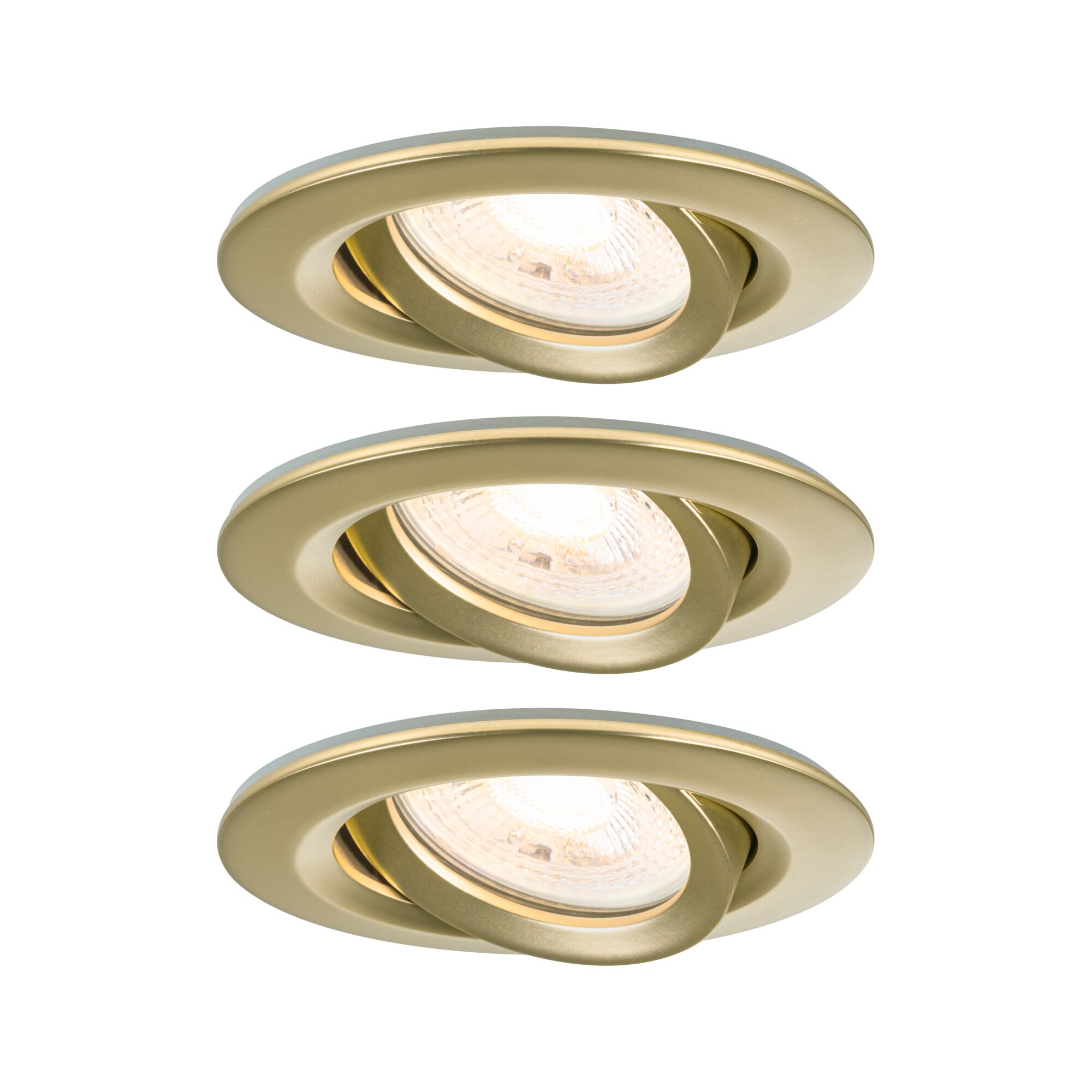 Set of three gold metal recessed spotlights with adjustable heads for versatile LED lighting