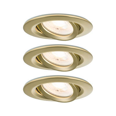 Set of three gold metal recessed spotlights with adjustable heads for versatile LED lighting