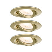 Drei goldfarbene Einbaustrahler aus Metall mit schwenkbarem Spot für flexible LED-Beleuchtung