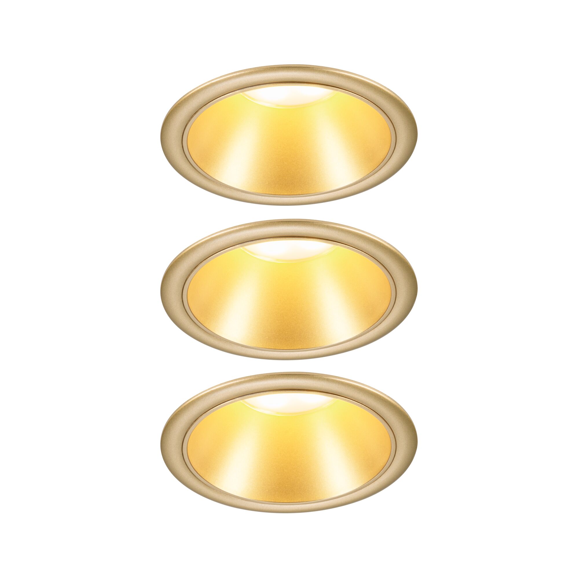 Three gold metal recessed spotlights with warm white LED light for modern room lighting