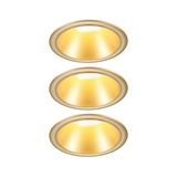 Three gold metal recessed spotlights with warm white LED light for modern room lighting