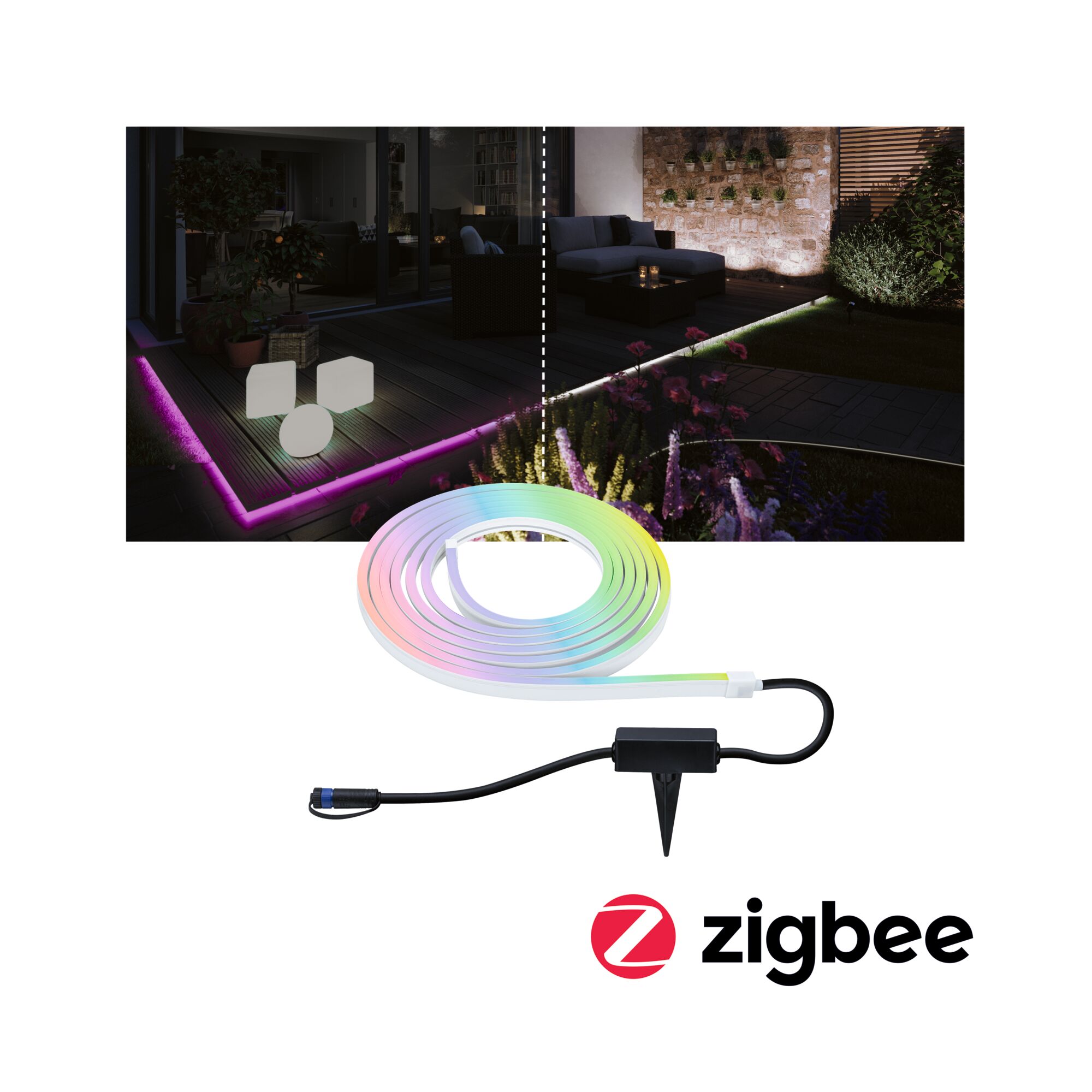 Plug & Shine LED-strip Smart Home Zigbee 3.0 Smooth Enkelt strip IP67 RGBW+ 22W Hvid Farverigt LED-lysbånd med jordspyd til havebelysning, dæmpbar og Zigbee-kompatibel