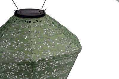 Groene stoffen solar lantaarn kap met bloemenpatroon voor buitenverlichting en tuindecoratie