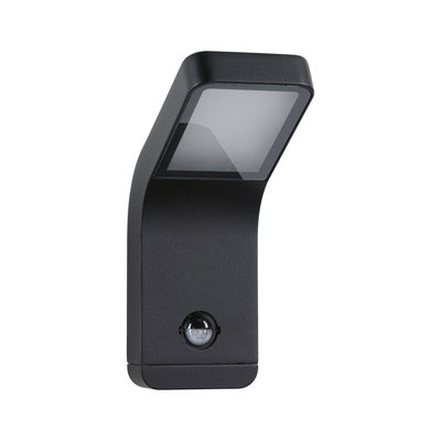 Black LED outdoor wall light with motion sensor and modern plastic design for garden lighting.