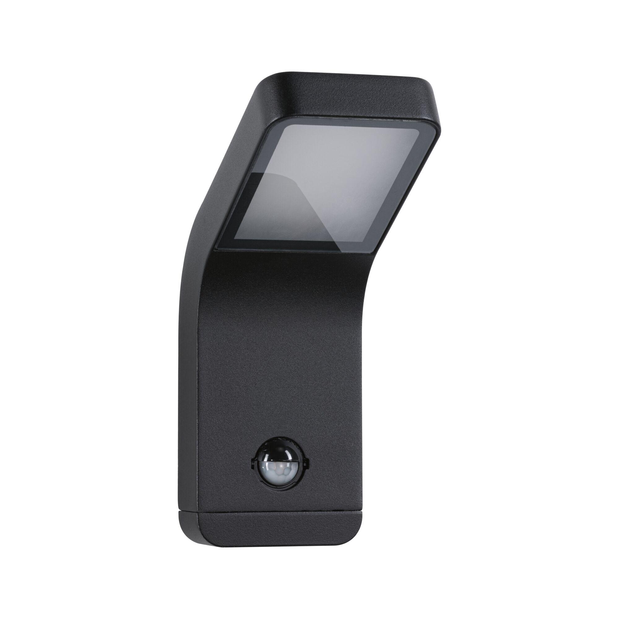 Black metal LED outdoor wall light with motion sensor for energy-efficient garden lighting