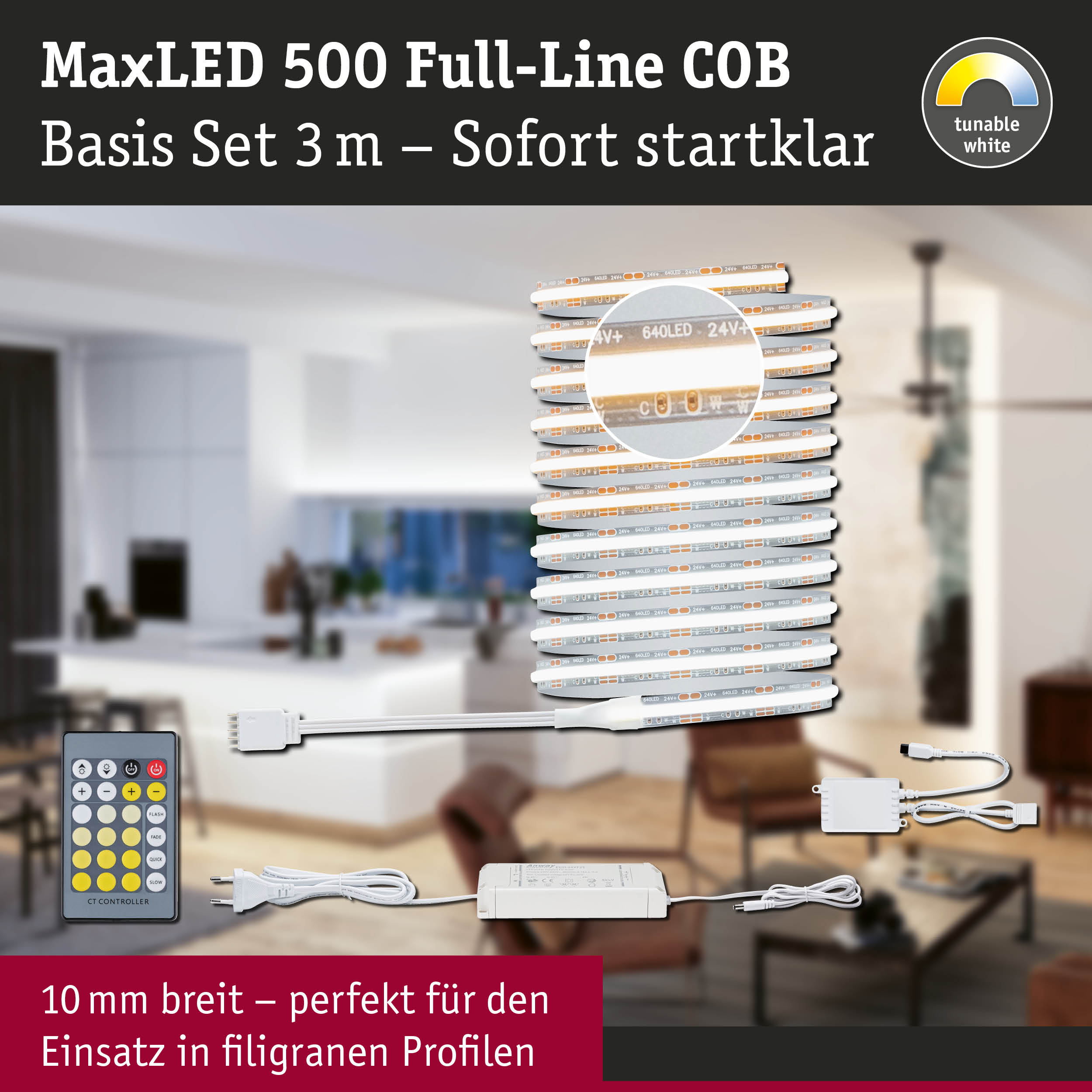 MaxLED 500 Full-Line COB LED-Lichtband 3 m mit Fernbedienung und Netzteil für dimmbares Licht