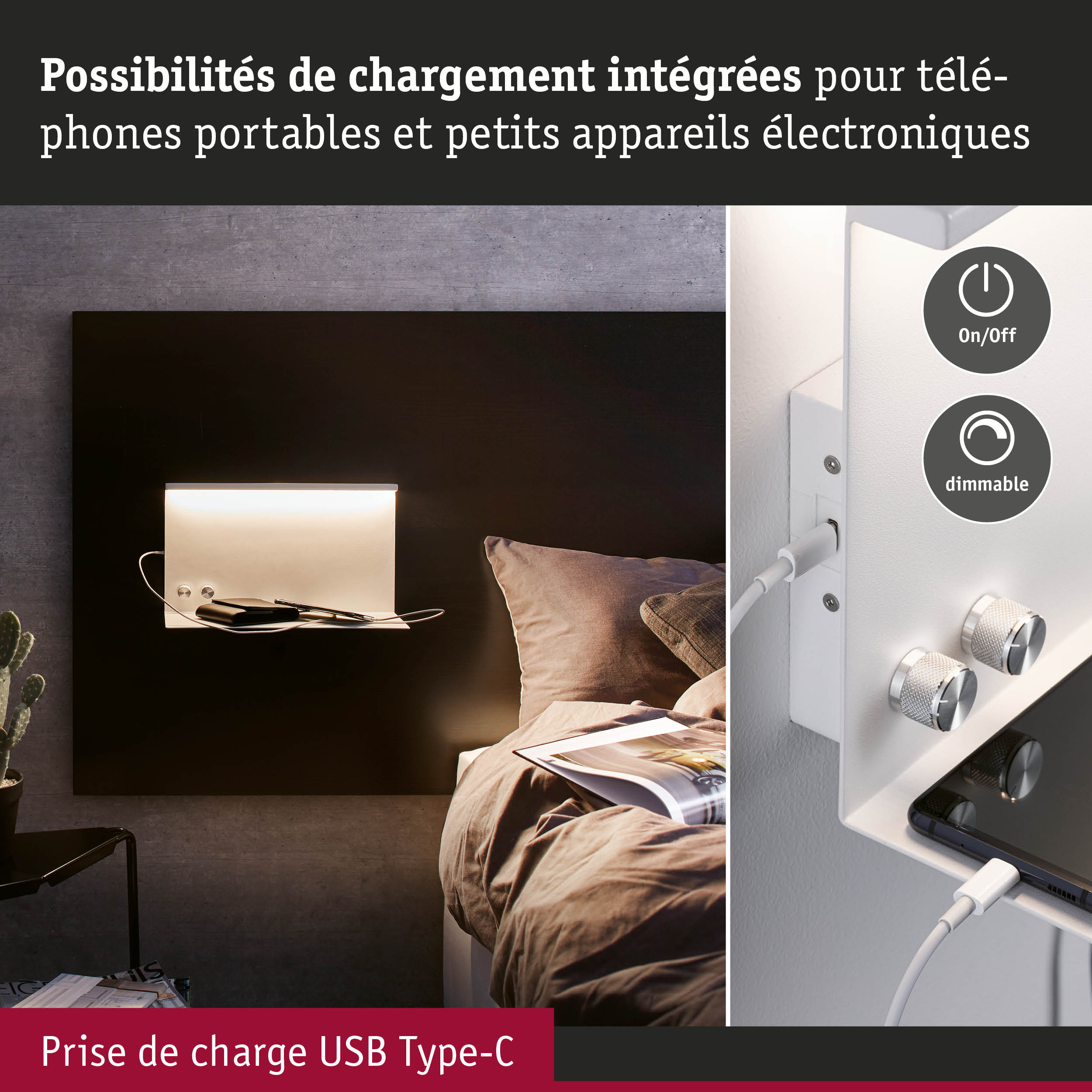 Lampe murale blanche avec prise USB Type-C intégrée et commande dimmable dans la chambre