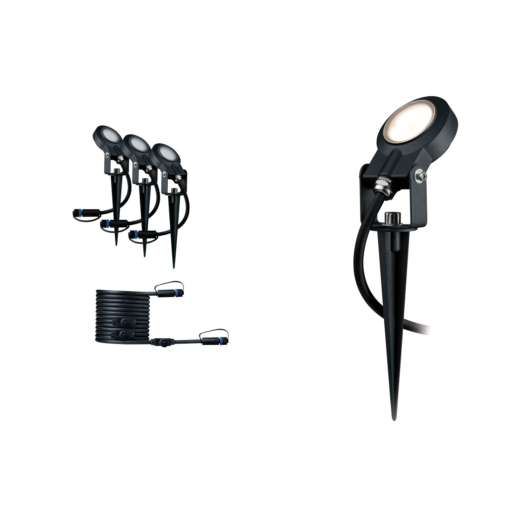 Plug & Shine LED Gartenstrahler Sting Erweiterungsset IP67 3000K 3x6,4W Anthrazit Schwarzes LED-Gartenstrahler-Set mit Erdspieß und Kabel für Außenbeleuchtung und Landschaftsdesign