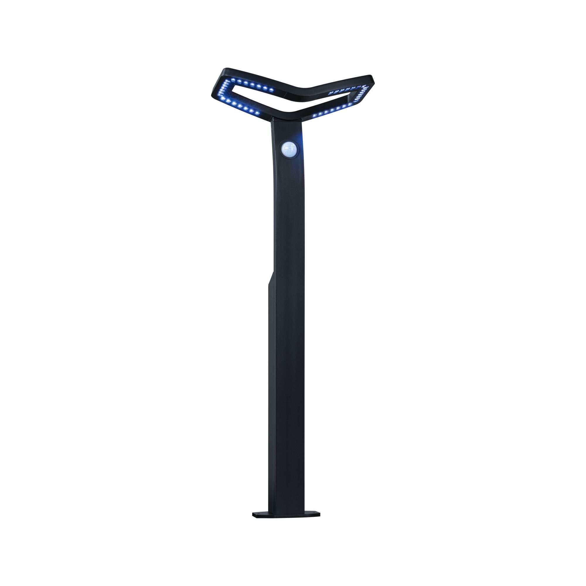 Zwarte LED-buitenlamp met bewegingssensor en modern design voor tuin- en padverlichting