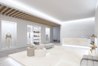 Bright boutique with modern LED ceiling lighting and minimalist interior for fashion and accessories.