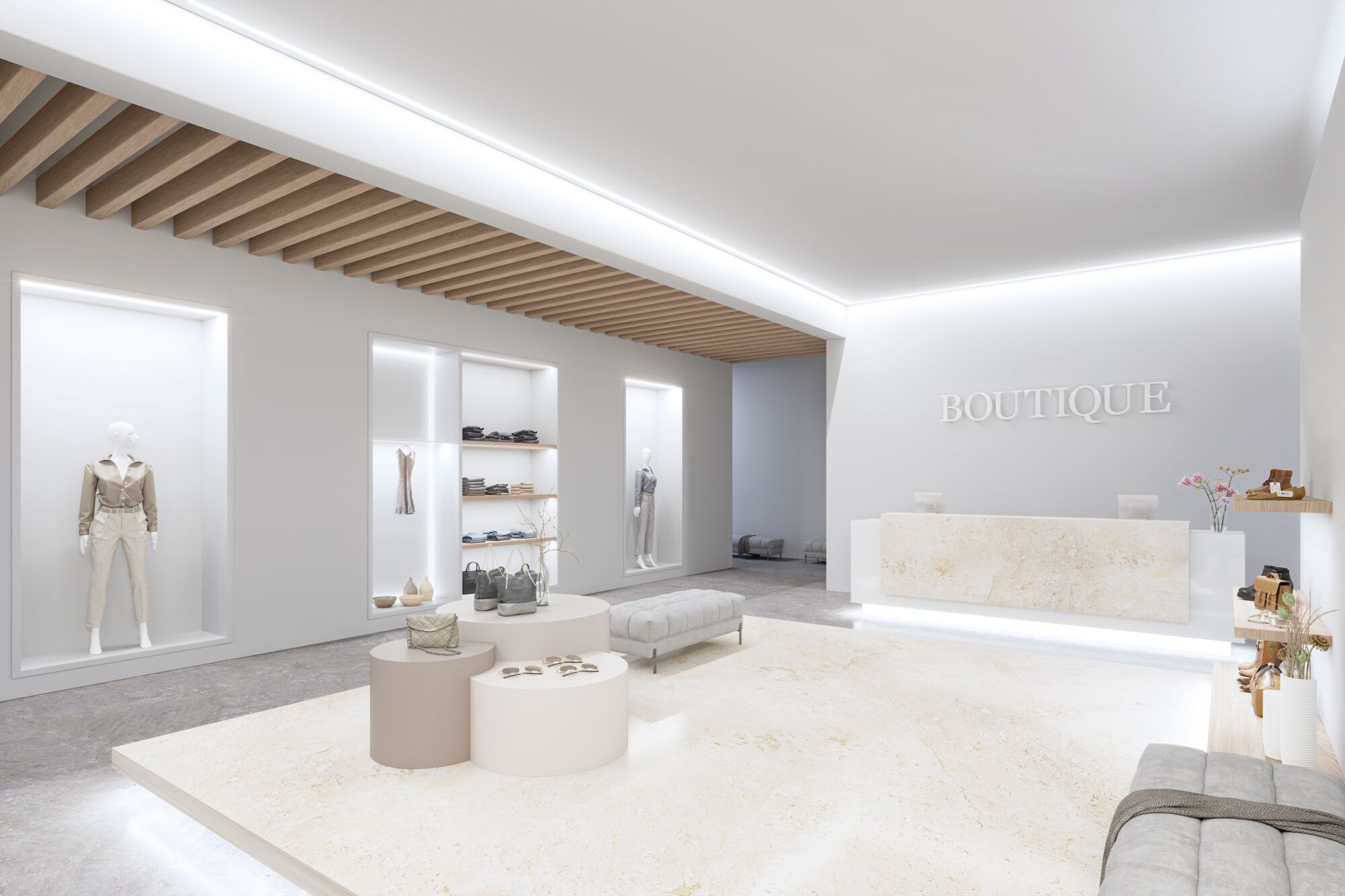 Modernes Boutique-Interieur mit weißem Marmor, Holzdecke und minimalistischer Beleuchtung für Mode und Accessoires