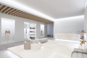 Modernes Boutique-Interieur mit weißem Marmor, Holzdecke und minimalistischer Beleuchtung für Mode und Accessoires