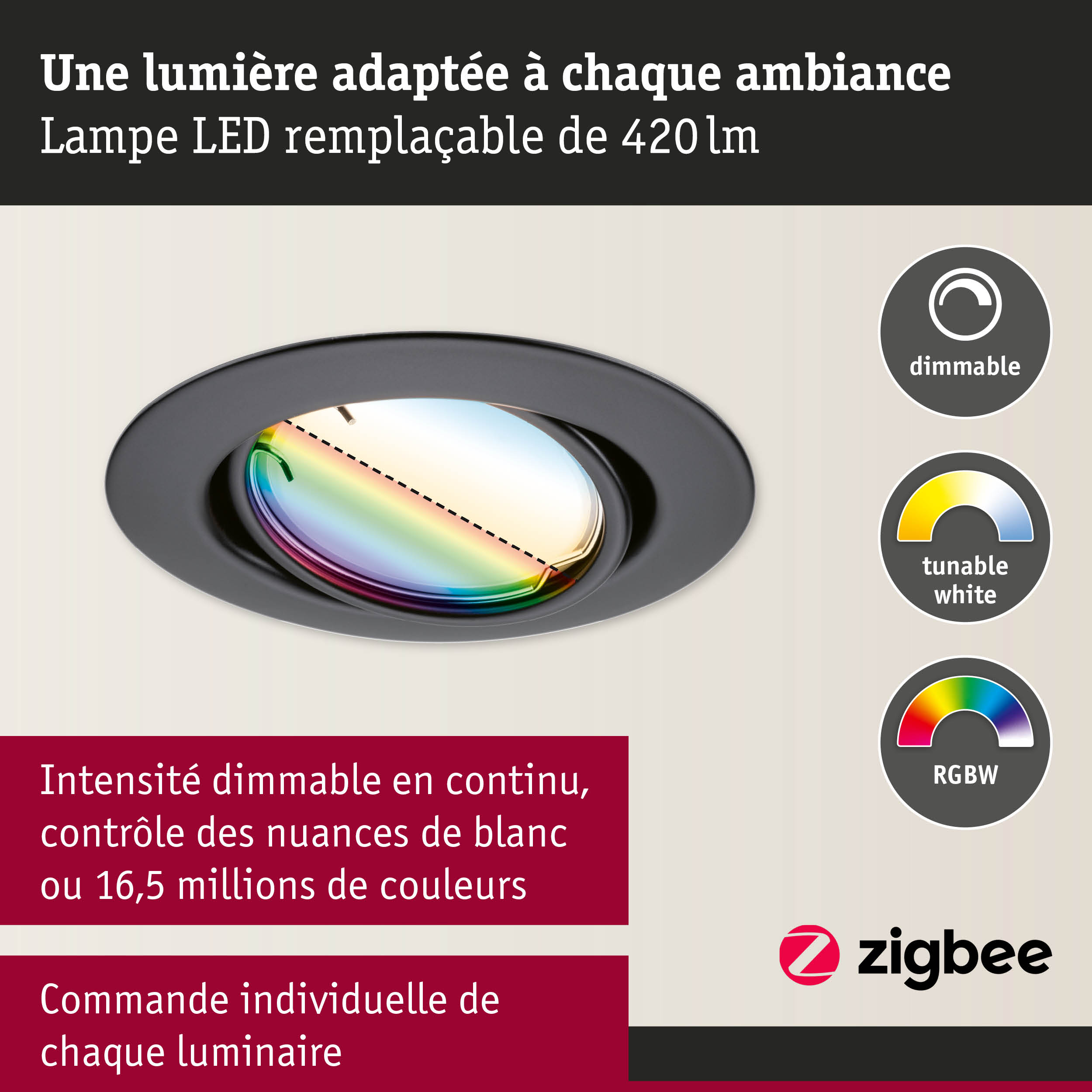 Spot LED encastré noir avec intensité dimmable, blanc réglable et contrôle couleur RGBW pour éclairage connecté