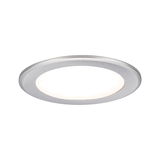 Round LED recessed panel in brushed silver aluminum with warm white light for ceiling lighting