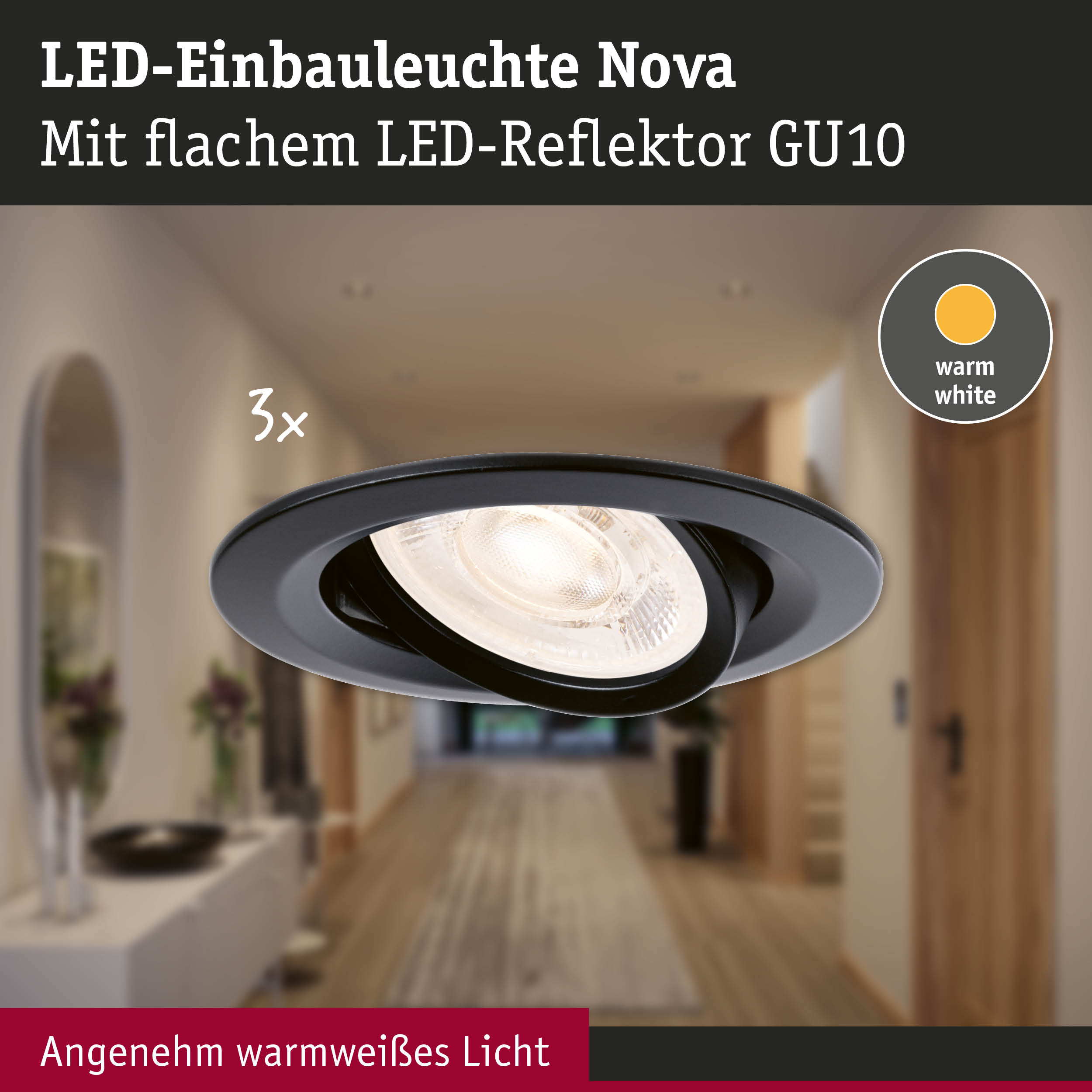 LED-Einbauleuchte Nova in Schwarz mit flachem LED-Reflektor GU10 und warmweißem Licht für Wohnräume