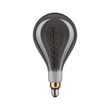 Large smoke glass light bulb with visible spiral filament and metal base for decorative lighting use