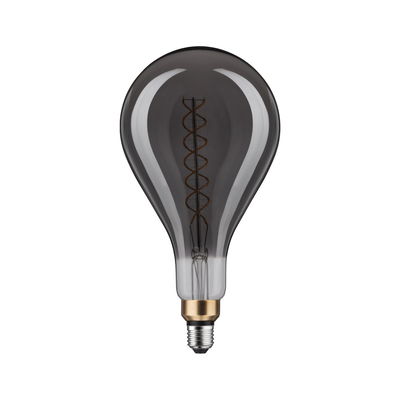 Large smoke glass light bulb with visible spiral filament and metal base for decorative lighting use