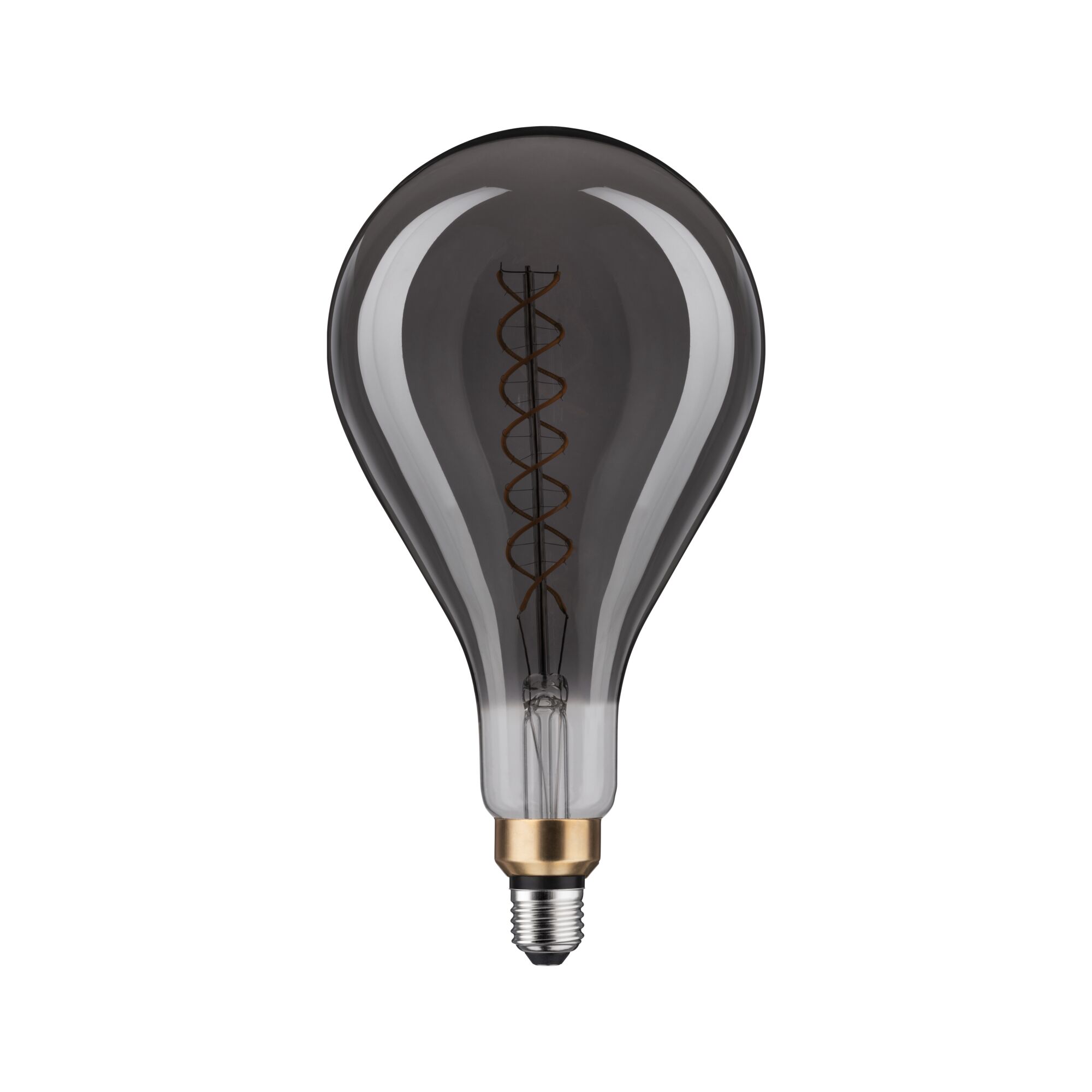 Large smoke glass light bulb with visible spiral filament and metal base for decorative lighting use