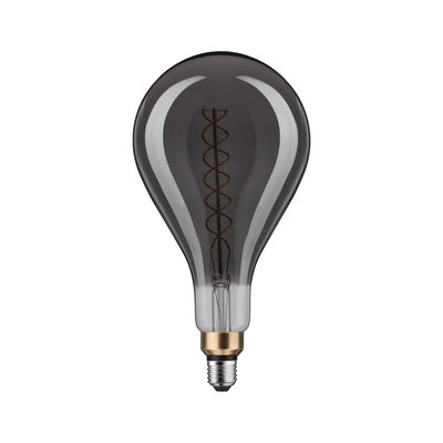 Large smoke glass light bulb with visible spiral filament and metal base for decorative lighting use