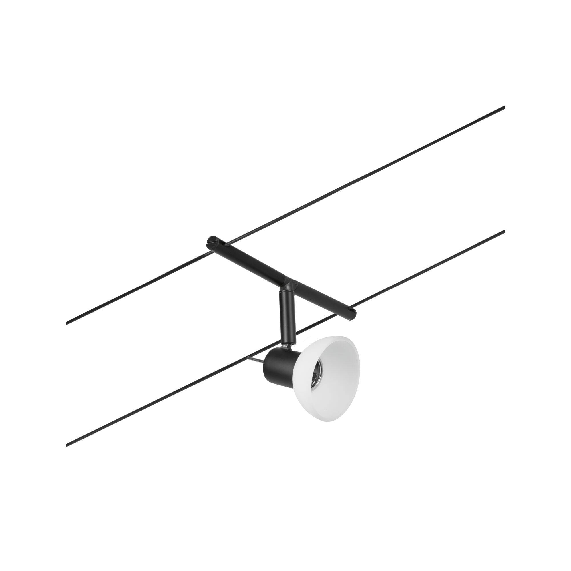 Black cable lighting system with white glass lampshade for modern LED spotlights