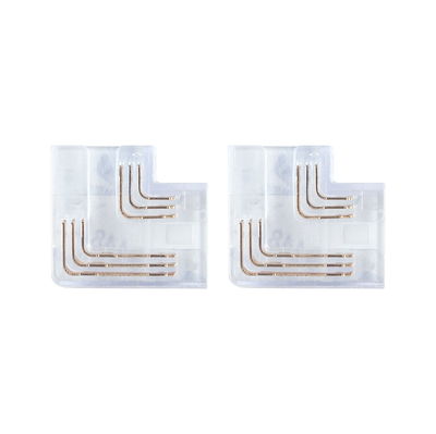 Two transparent L-shaped LED connectors with visible gold contacts for LED strip lighting.