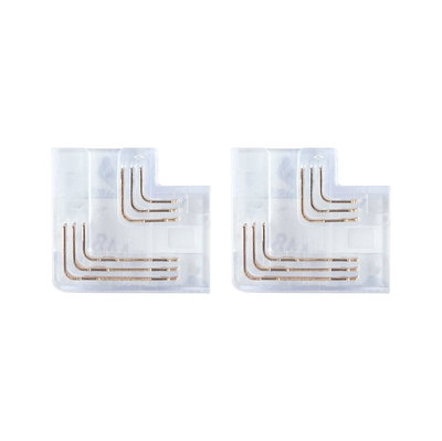 Two transparent L-shaped LED connectors with visible gold contacts for LED strip lighting.