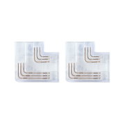 Zwei transparente L-förmige LED-Verbindungselemente mit sichtbaren goldfarbenen Kontakten für Lichtleisten.