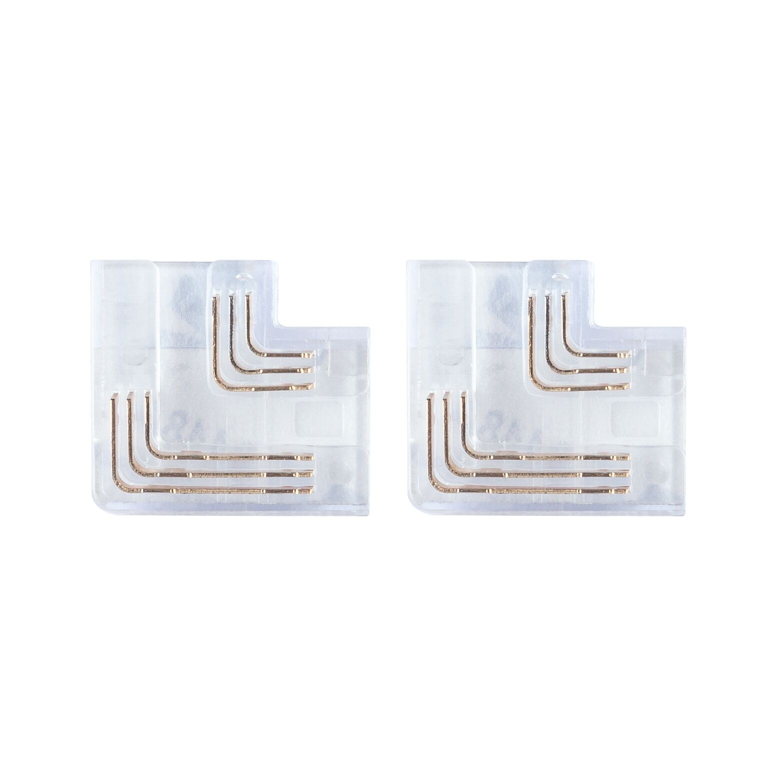 Zwei transparente L-förmige LED-Verbindungselemente mit sichtbaren goldfarbenen Kontakten für Lichtleisten.