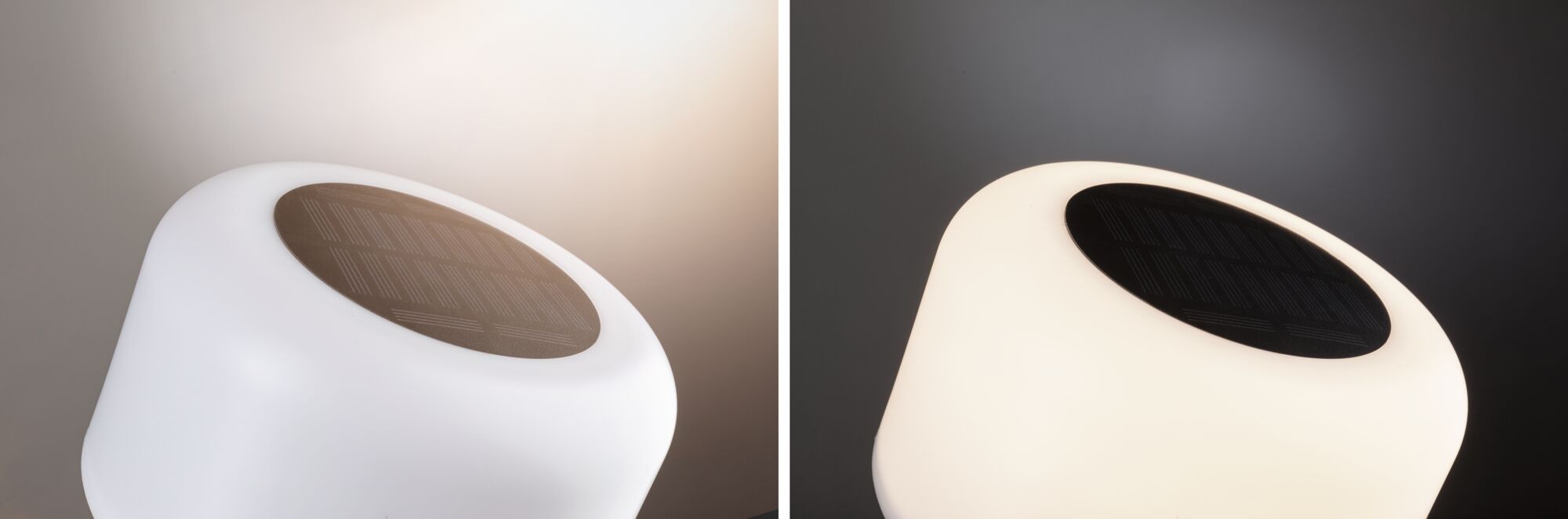 White solar light head with black solar panel, modern LED outdoor lighting for garden and terrace