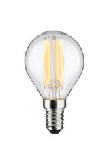 Kleine LED-Glühbirne mit transparentem Glas und warmweißen Filamenten, energiesparende Leuchte