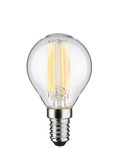 Small LED bulb with clear glass and warm white filaments, energy-saving light source