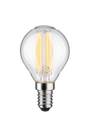 Kleine LED-Glühbirne mit transparentem Glas und warmweißen Filamenten, energiesparende Leuchte