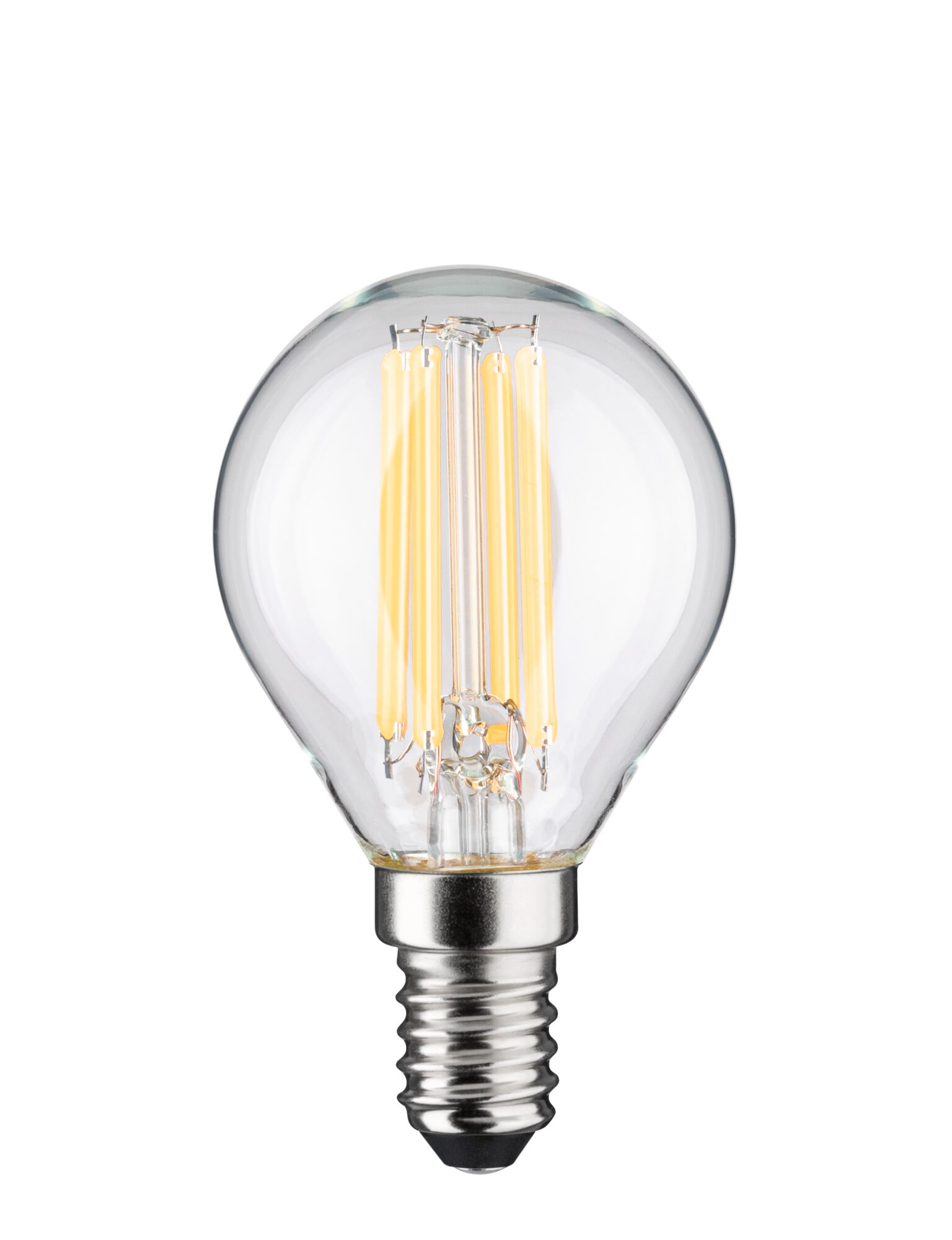 Kleine LED-Glühbirne mit transparentem Glas und warmweißen Filamenten, energiesparende Leuchte