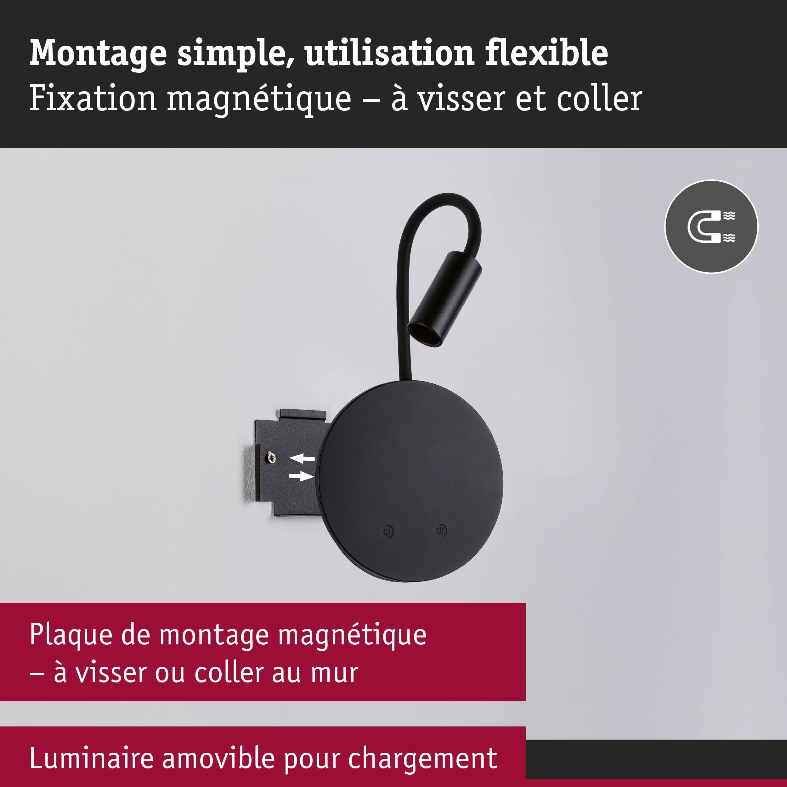 Applique murale magnétique noire avec bras flexible et plaque de montage amovible pour fixation facile