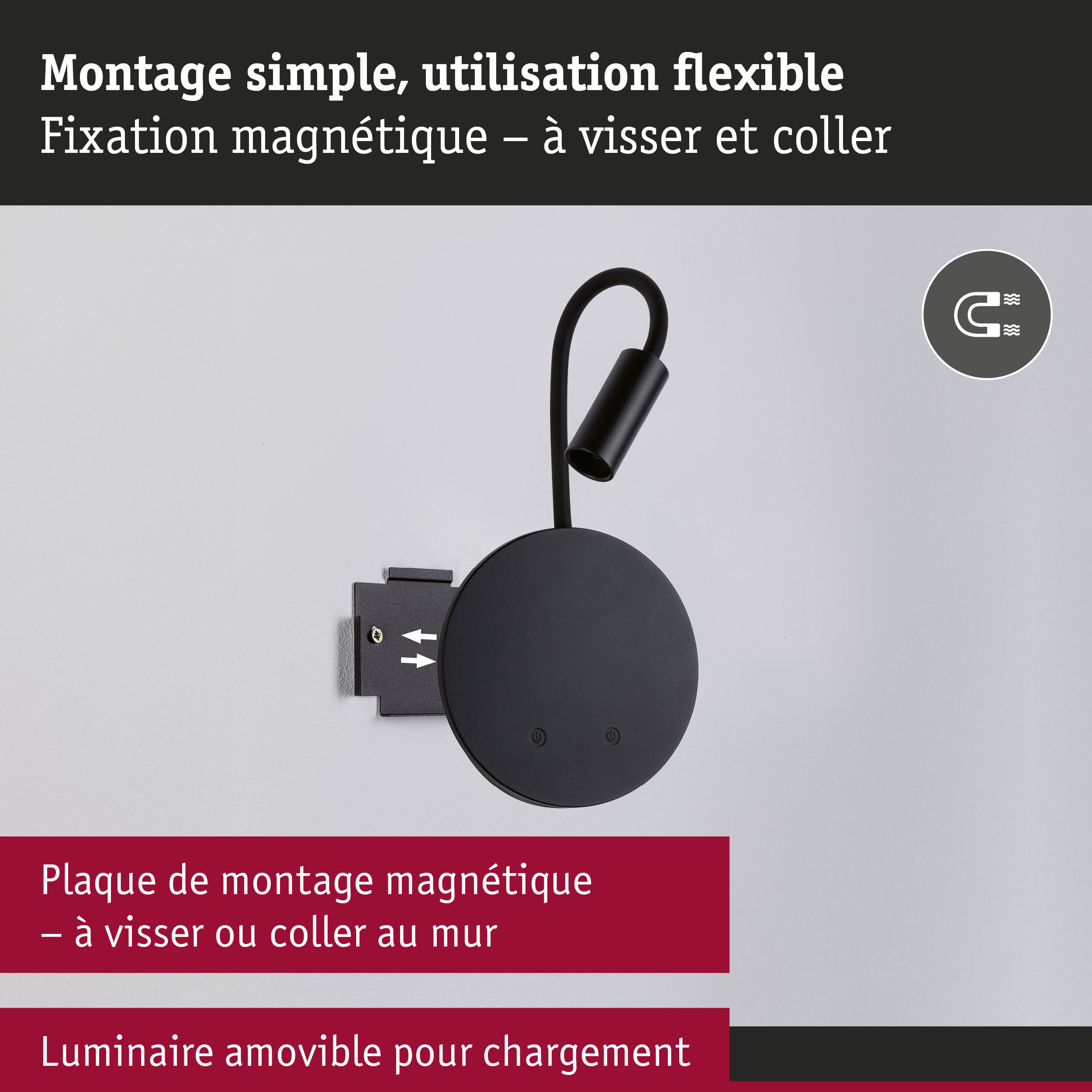 Plaque de montage magnétique noire avec lampe LED flexible pour fixation murale facile