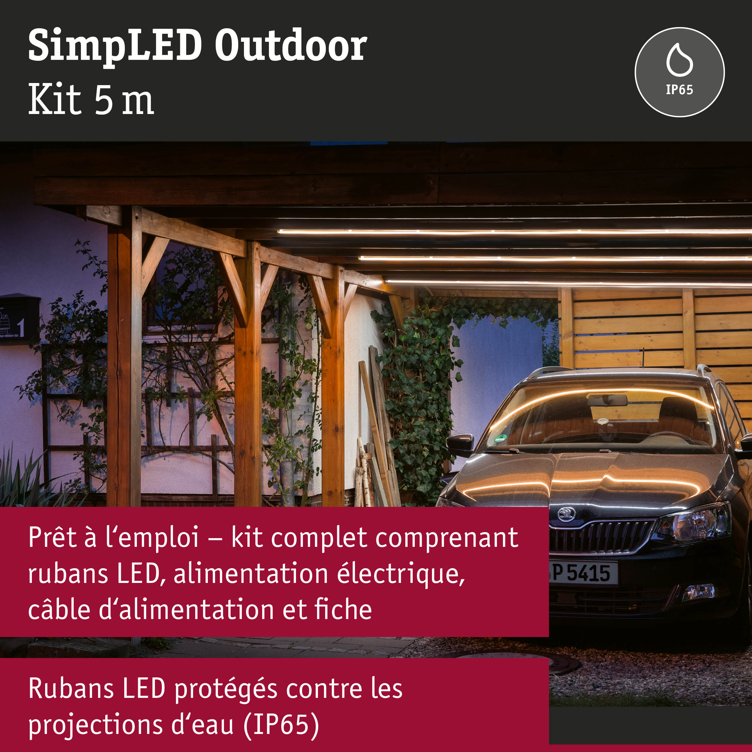 Kit LED extérieur 5 m avec protection IP65, lumière blanc chaud, idéal pour éclairage de carport et jardin