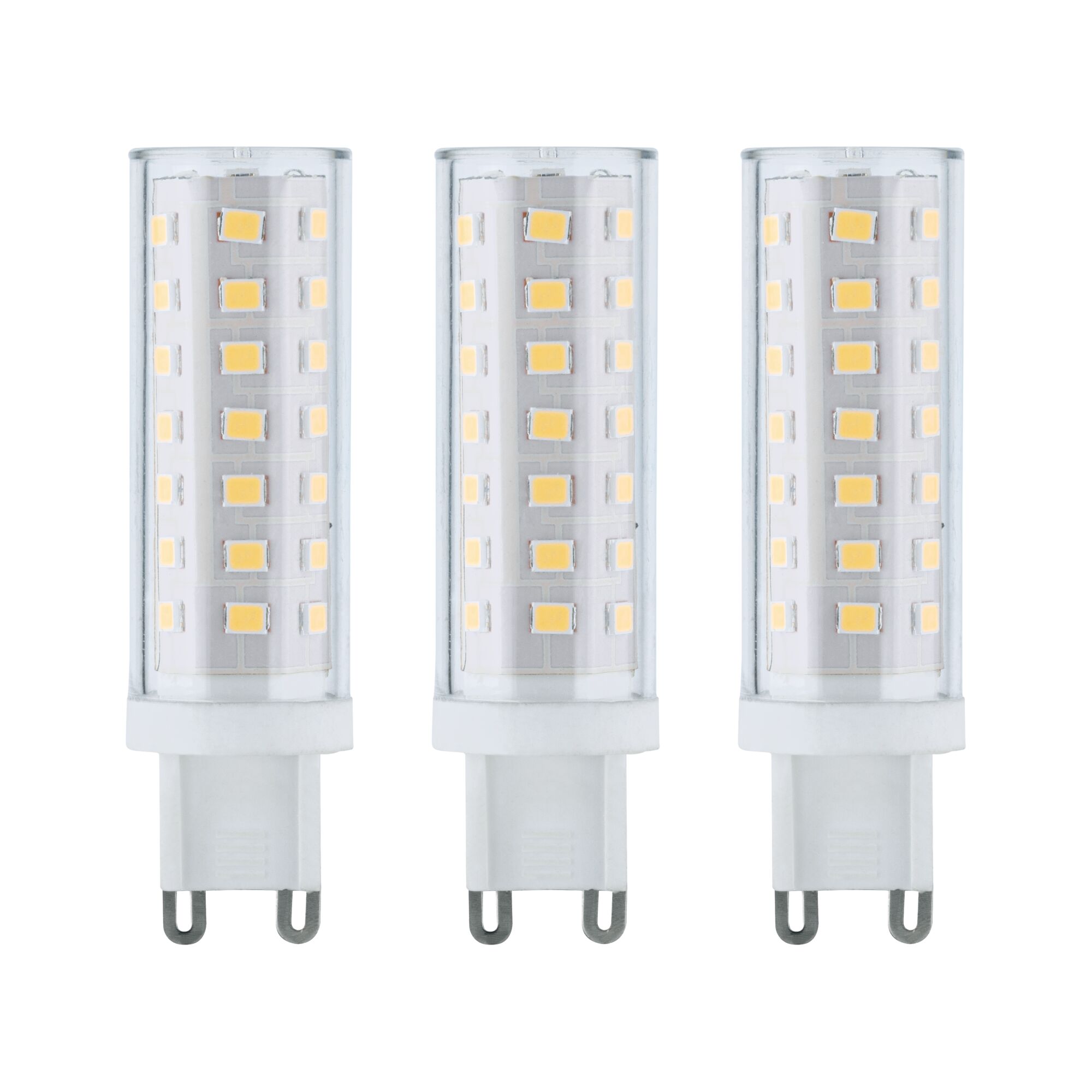 Drei weiße LED-Lampen mit G9 Sockel und transparentem Kunststoffgehäuse für energiesparende Beleuchtung