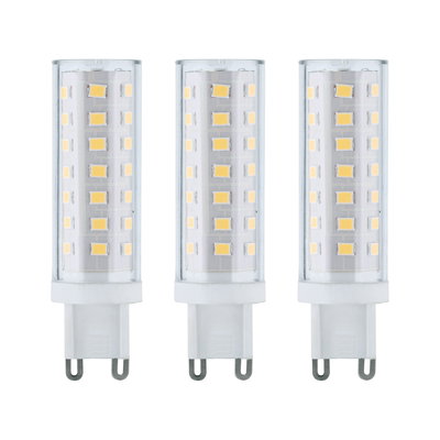Three white LED bulbs with G9 base and clear plastic casing for energy-efficient lighting