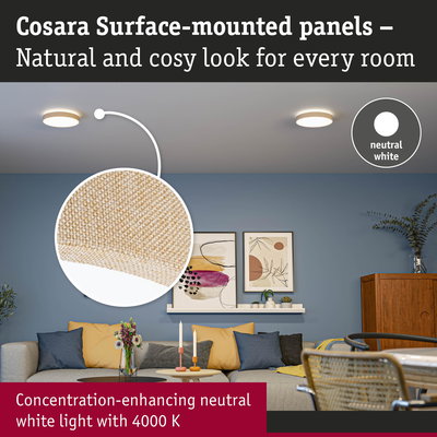 Cosara surface-mounted panels in natural beige fabric with 4000K neutral white light for cozy rooms