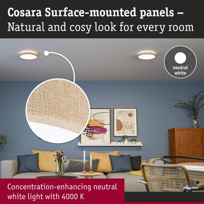 Cosara surface-mounted panels in natural beige fabric with 4000K neutral white light for cozy rooms