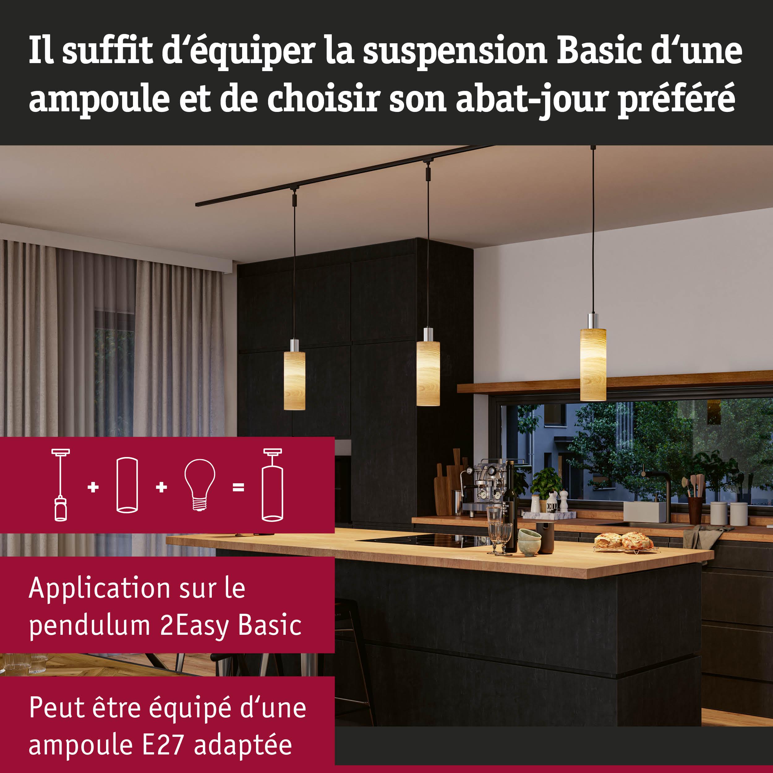 Cuisine moderne avec trois suspensions en bois clair équipées d’ampoules LED E27