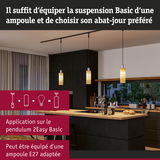 Cuisine moderne avec trois suspensions en bois clair équipées d’ampoules LED E27