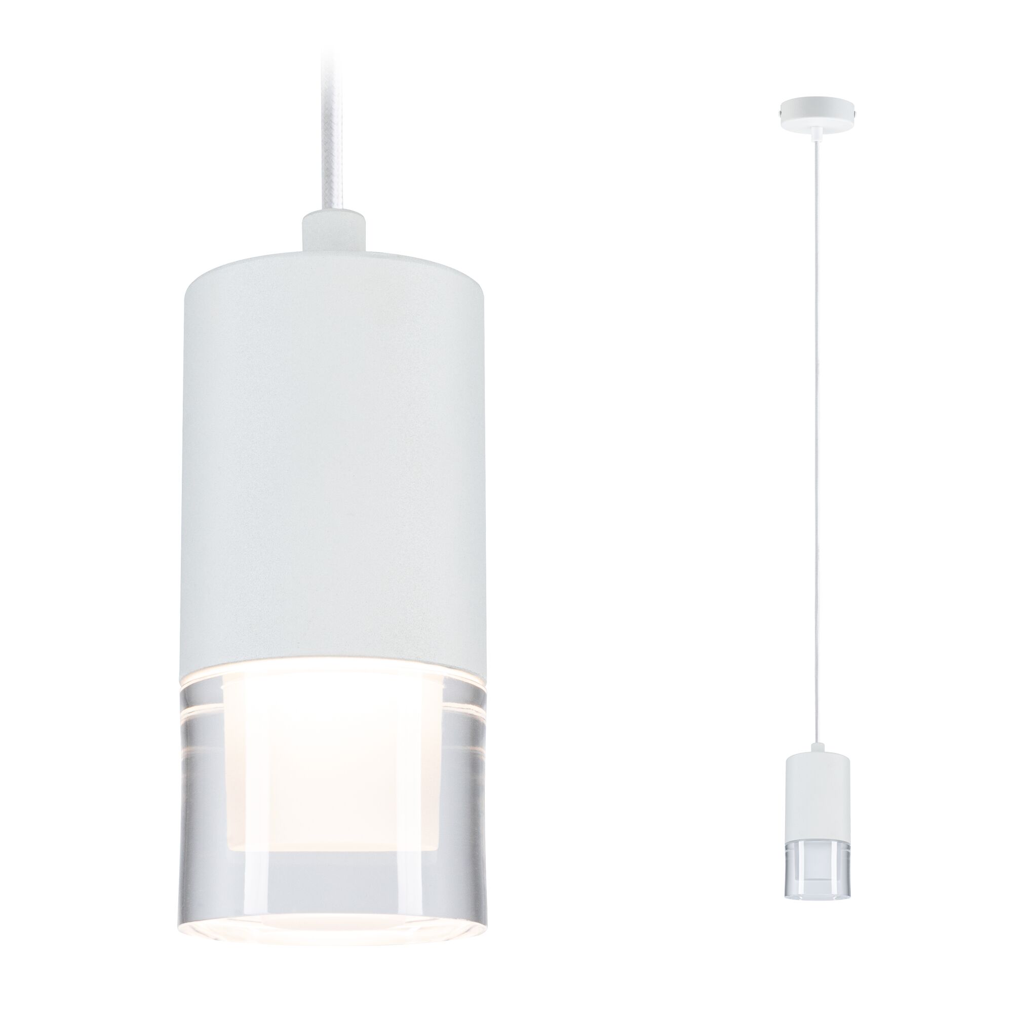 Luminaire en suspension LED Kame 9W Clair/Blanc dépoli Suspension moderne blanche en métal et verre avec abat-jour transparent pour éclairage intérieur