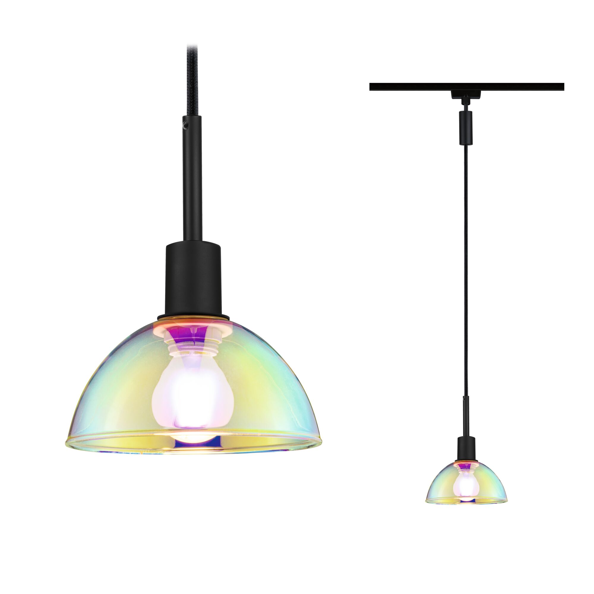 URail Pendants Sarrasani E14 max. 20W dimmable 230V Black matt/Dichroic Pendant light with iridescent glass and black cable, modern design for home lighting and decor