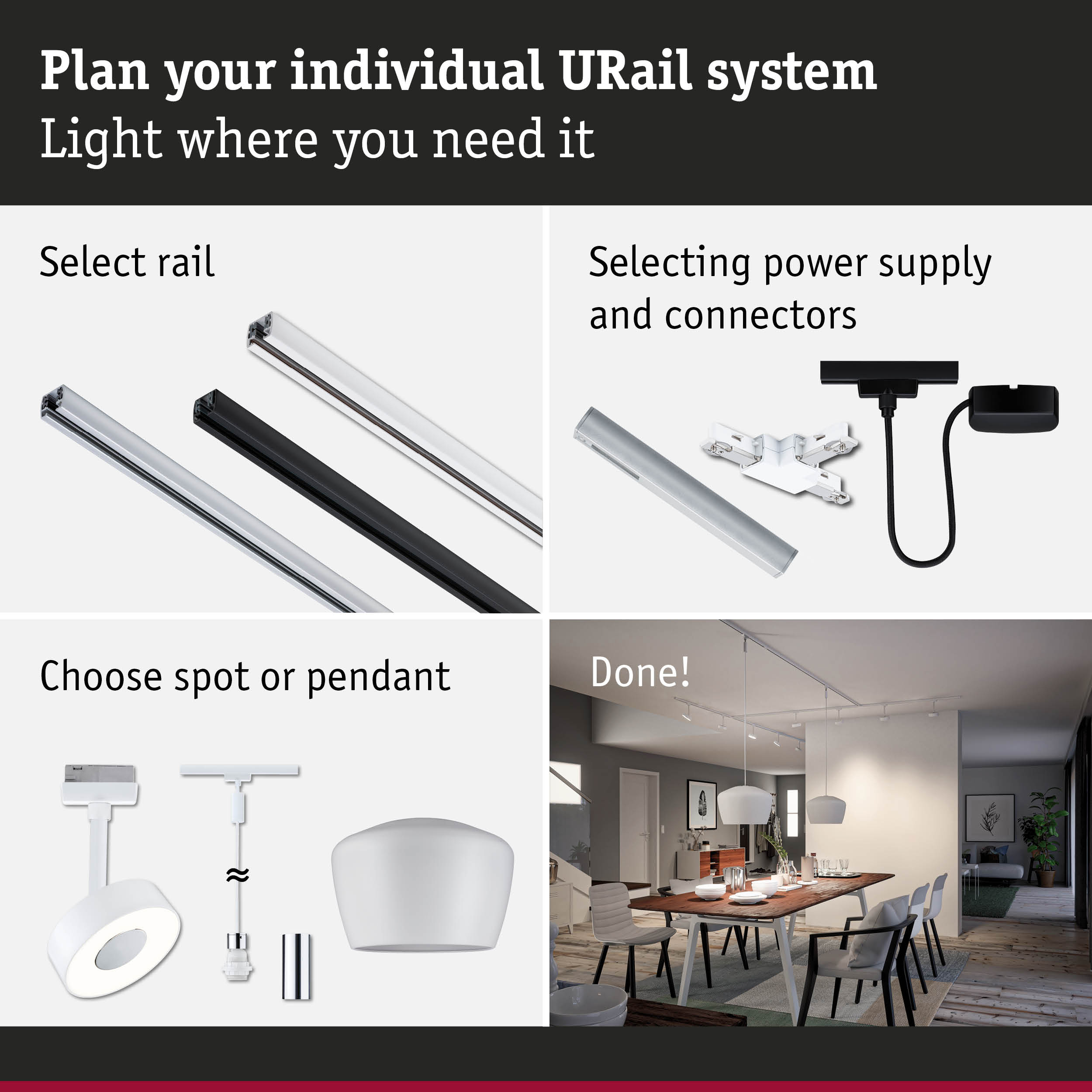 Modular URail track system with rails, power supply, and spot or pendant lights for customizable lighting