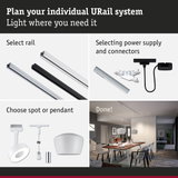 Modular URail track system with rails, power supply, and spot or pendant lights for customizable lighting