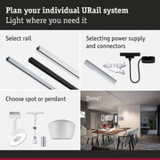 Modular URail track system with rails, power supply, and spot or pendant lights for customizable lighting