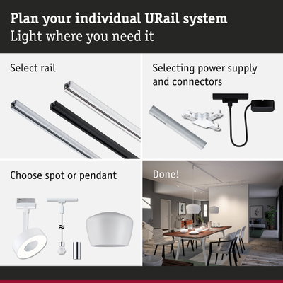 Modular URail track system with rails, power supply, and spot or pendant lights for customizable lighting