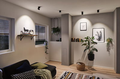 Moderne stue med sorte loftspotter, planter og dekorative indrammede billeder på hvide vægge.